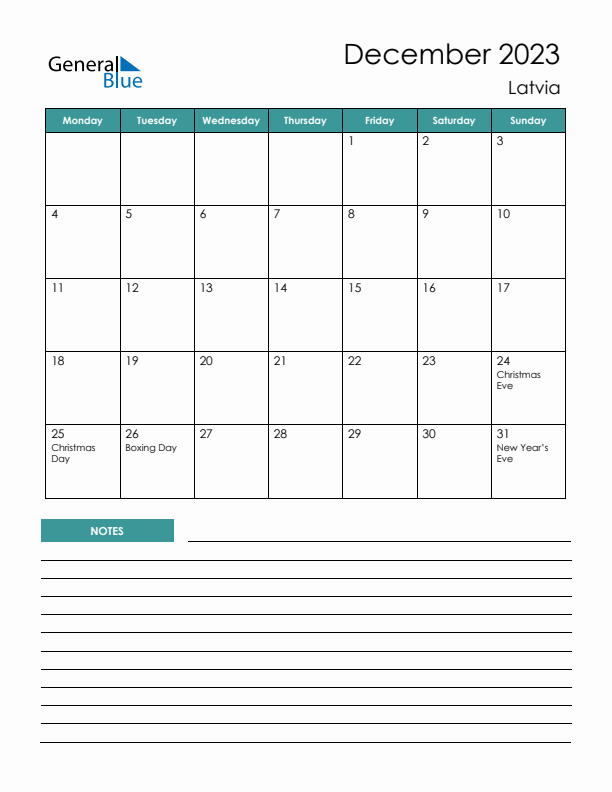 Calendar with Notes Printable - Monday Start