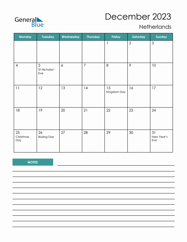 Calendar with Notes Printable - Monday Start