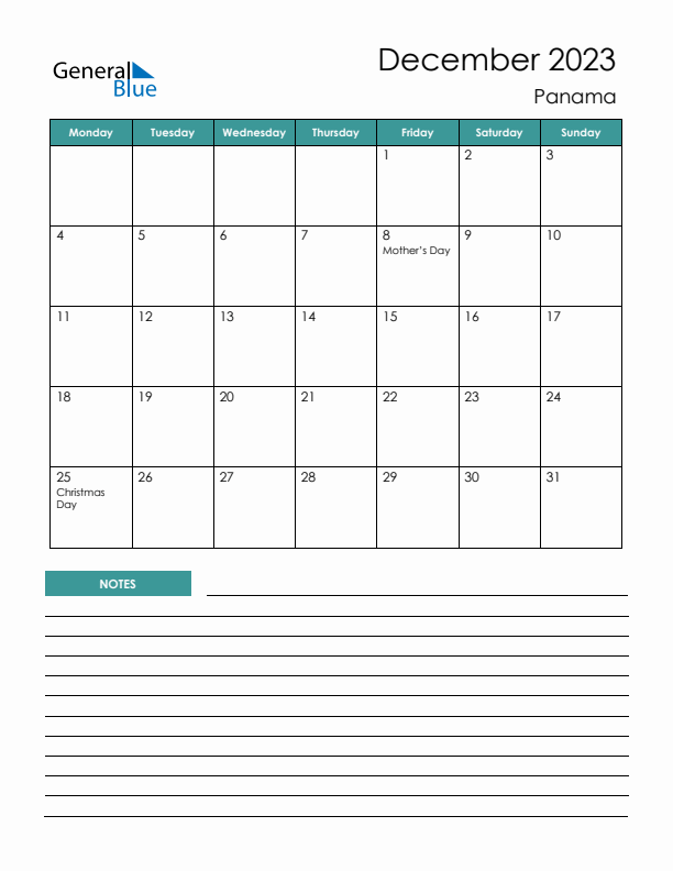 Calendar with Notes Printable - Monday Start