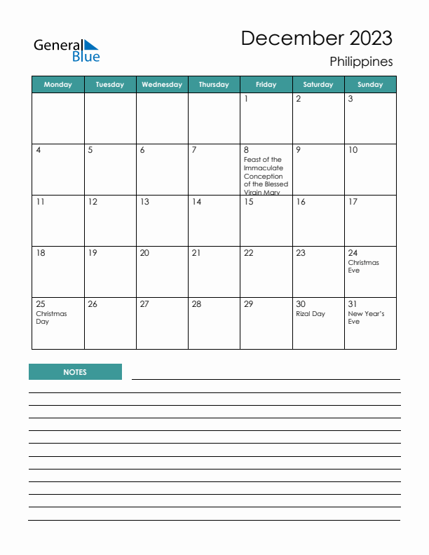 Calendar with Notes Printable - Monday Start