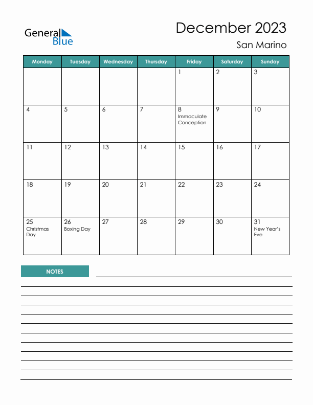 Calendar with Notes Printable - Monday Start