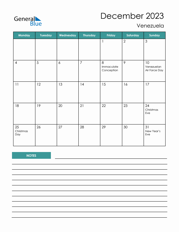 Calendar with Notes Printable - Monday Start