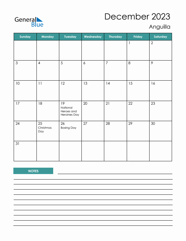 Calendar with Notes Printable - Sunday Start