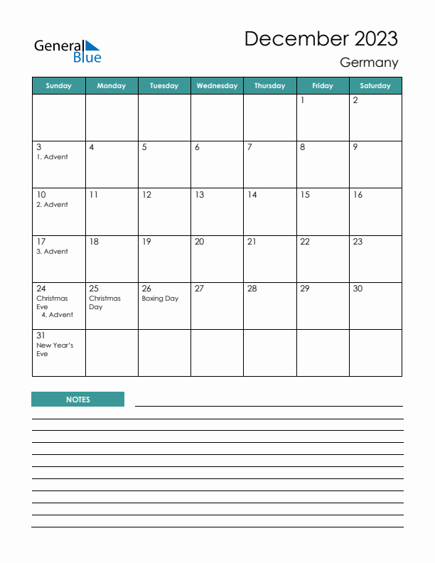 Calendar with Notes Printable - Sunday Start