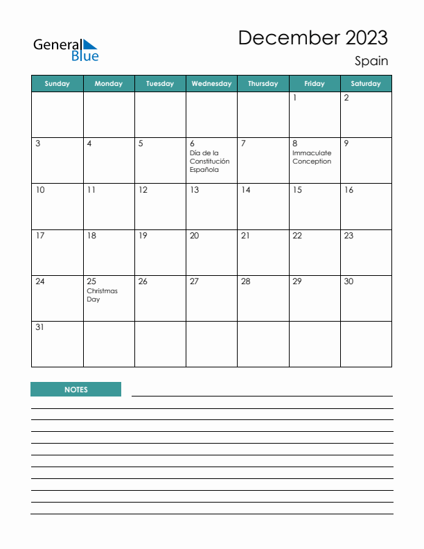 Calendar with Notes Printable - Sunday Start