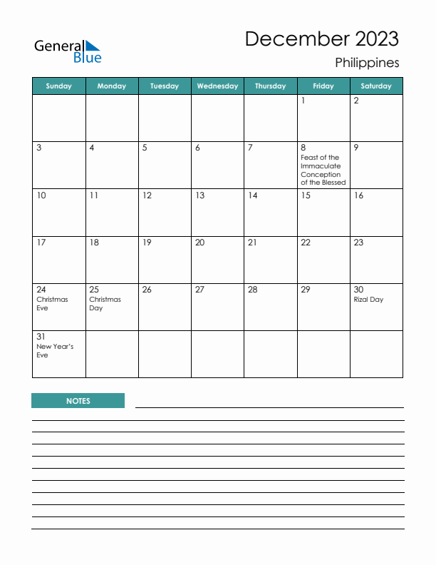 Calendar with Notes Printable - Sunday Start