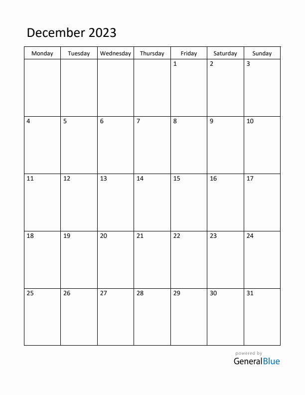 Monday Start Calendar for December 2023