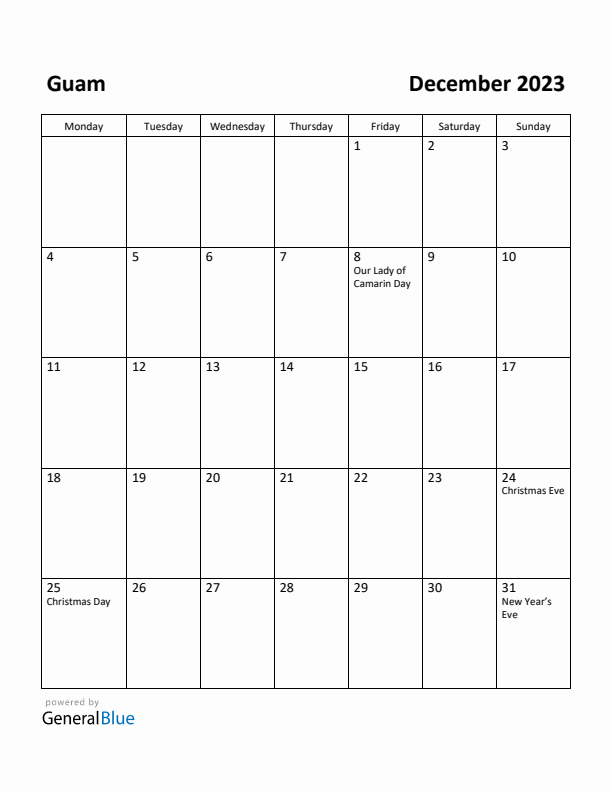 December 2023 Calendar with Guam Holidays