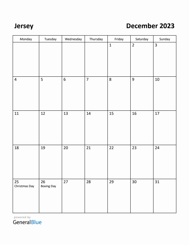 December 2023 Calendar with Jersey Holidays