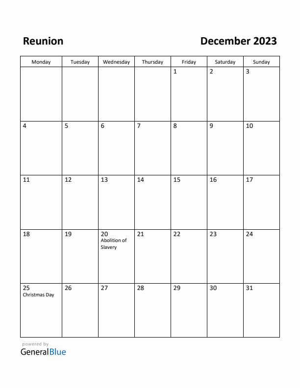 December 2023 Calendar with Reunion Holidays