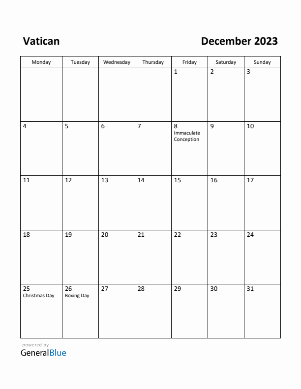 December 2023 Calendar with Vatican Holidays