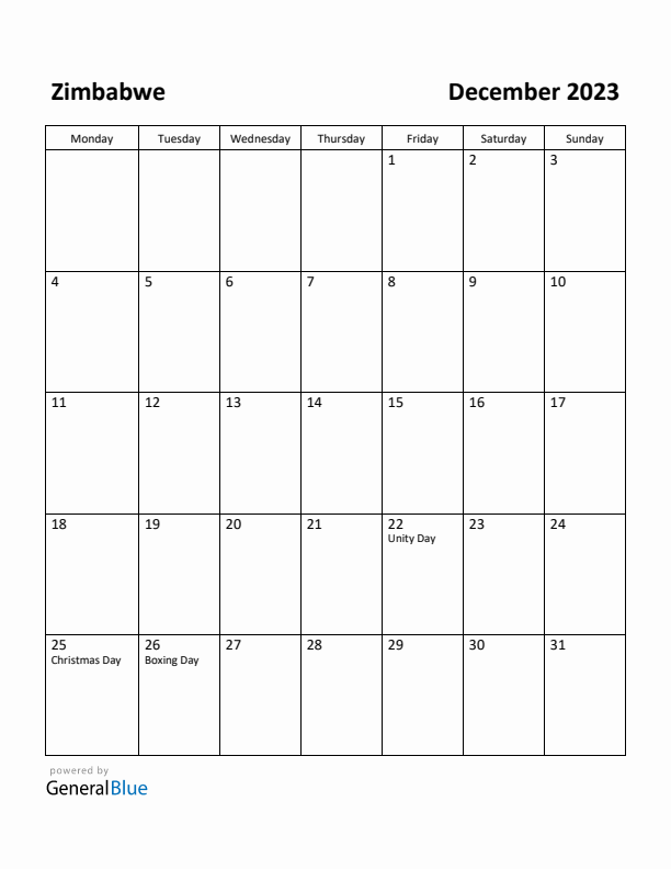 December 2023 Calendar with Zimbabwe Holidays