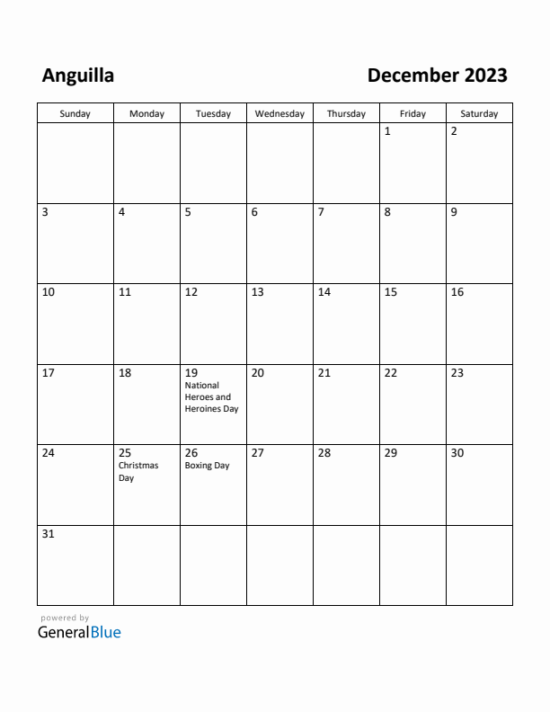 December 2023 Calendar with Anguilla Holidays