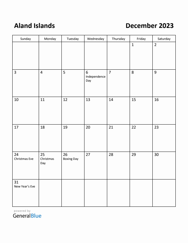 December 2023 Calendar with Aland Islands Holidays