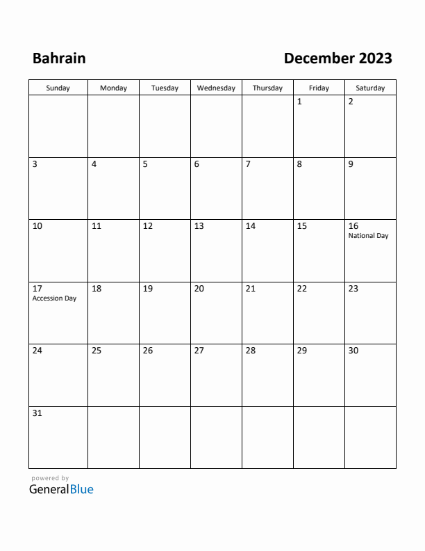 December 2023 Calendar with Bahrain Holidays