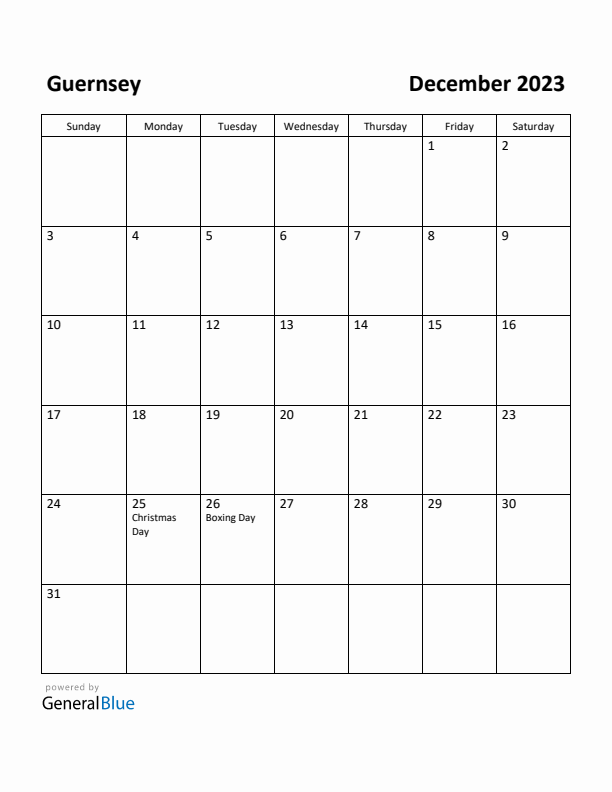 December 2023 Calendar with Guernsey Holidays