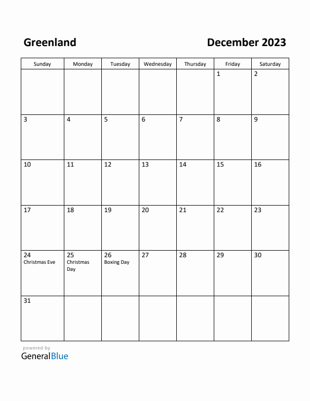 December 2023 Calendar with Greenland Holidays