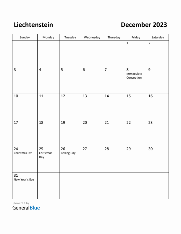 December 2023 Calendar with Liechtenstein Holidays