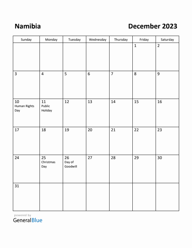 December 2023 Calendar with Namibia Holidays