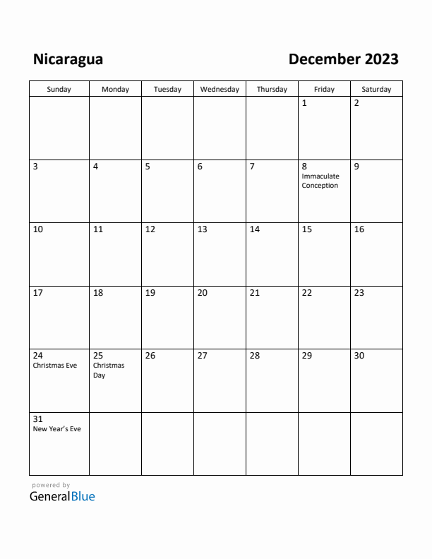 December 2023 Calendar with Nicaragua Holidays