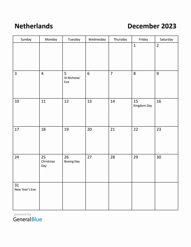 December 2023 Calendar with The Netherlands Holidays