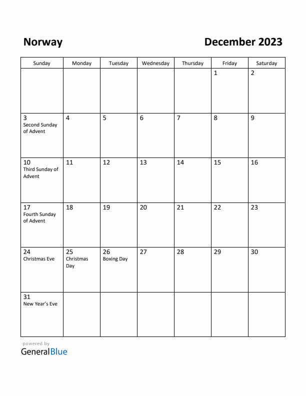 December 2023 Calendar with Norway Holidays