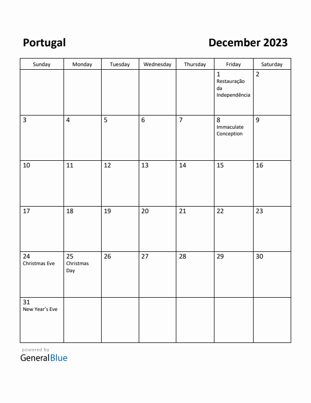 December 2023 Calendar with Portugal Holidays