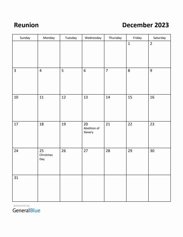 December 2023 Calendar with Reunion Holidays