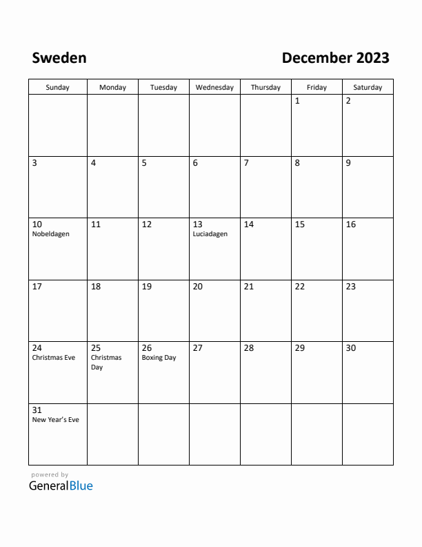 December 2023 Calendar with Sweden Holidays