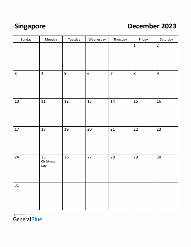 December 2023 Calendar with Singapore Holidays