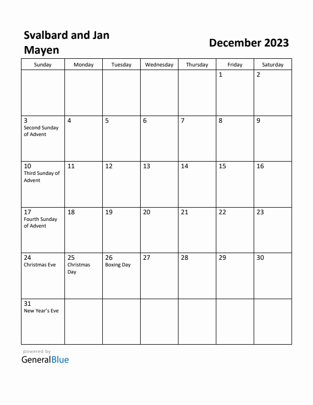 December 2023 Calendar with Svalbard and Jan Mayen Holidays