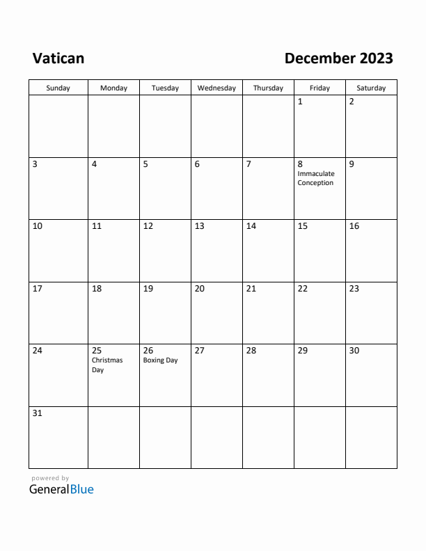 December 2023 Calendar with Vatican Holidays