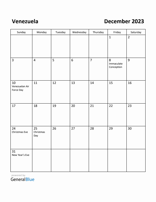 December 2023 Calendar with Venezuela Holidays