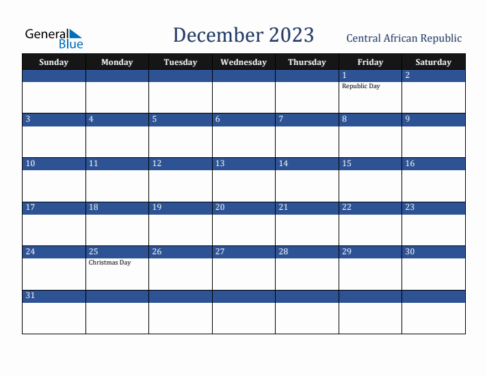 December 2023 Central African Republic Calendar (Sunday Start)