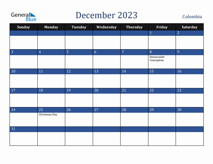 December 2023 Colombia Calendar (Sunday Start)