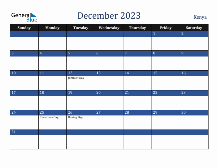 December 2023 Kenya Calendar (Sunday Start)