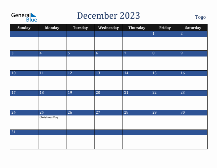 December 2023 Togo Calendar (Sunday Start)