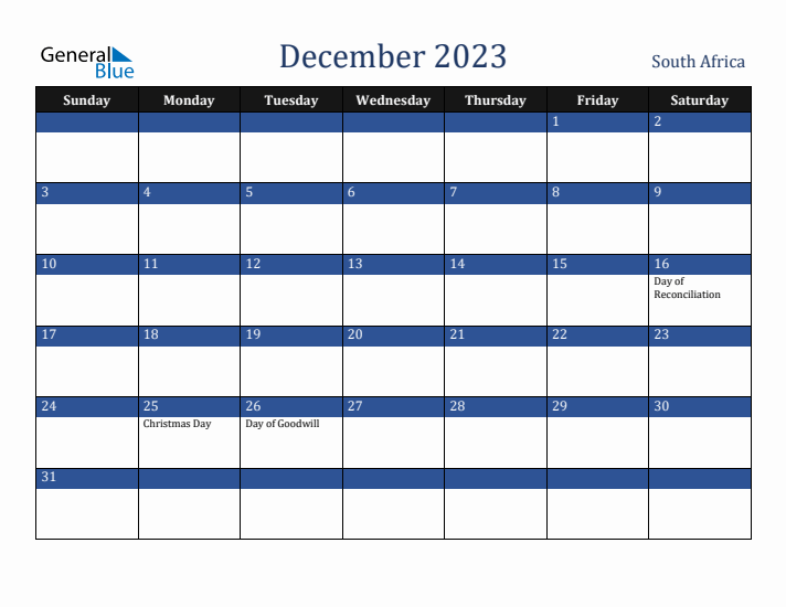 December 2023 South Africa Calendar (Sunday Start)