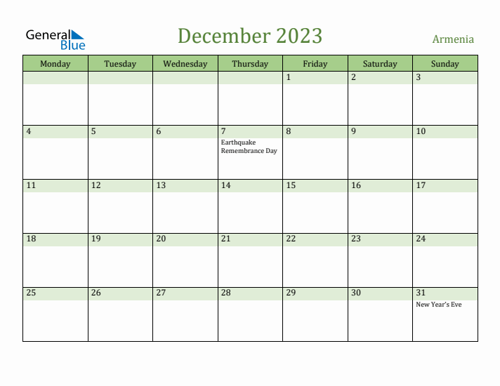 December 2023 Calendar with Armenia Holidays