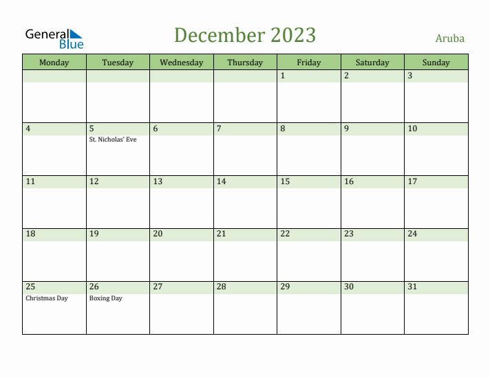 December 2023 Calendar with Aruba Holidays