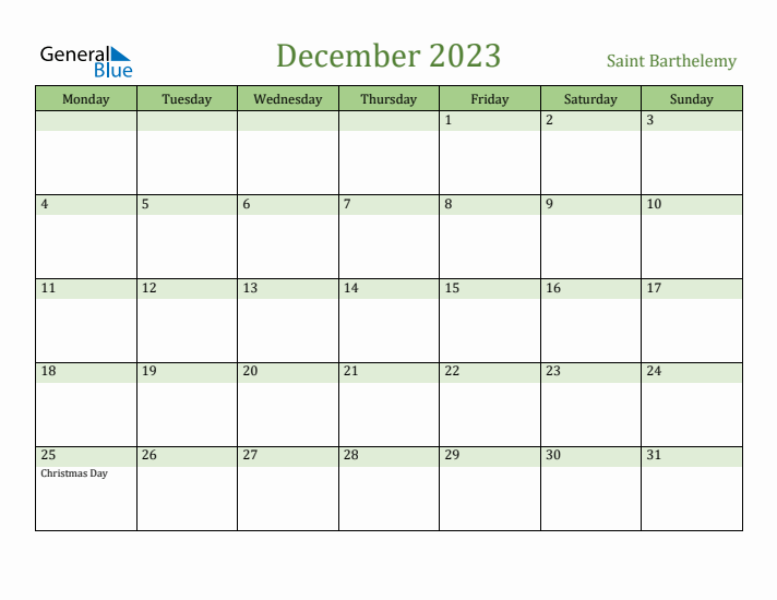 December 2023 Calendar with Saint Barthelemy Holidays