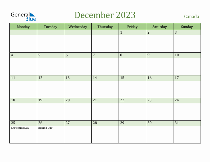 December 2023 Calendar with Canada Holidays