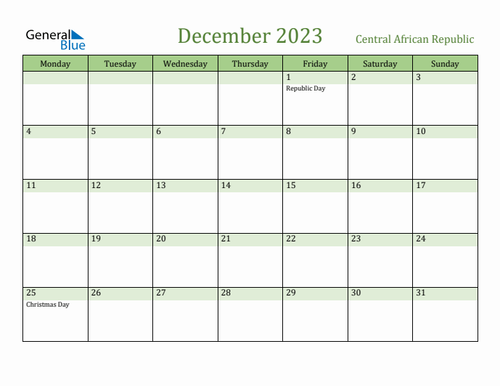 December 2023 Calendar with Central African Republic Holidays