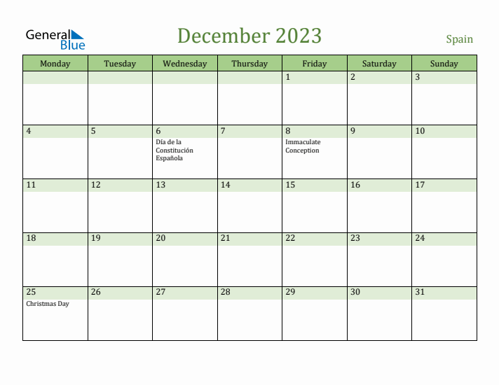 December 2023 Calendar with Spain Holidays