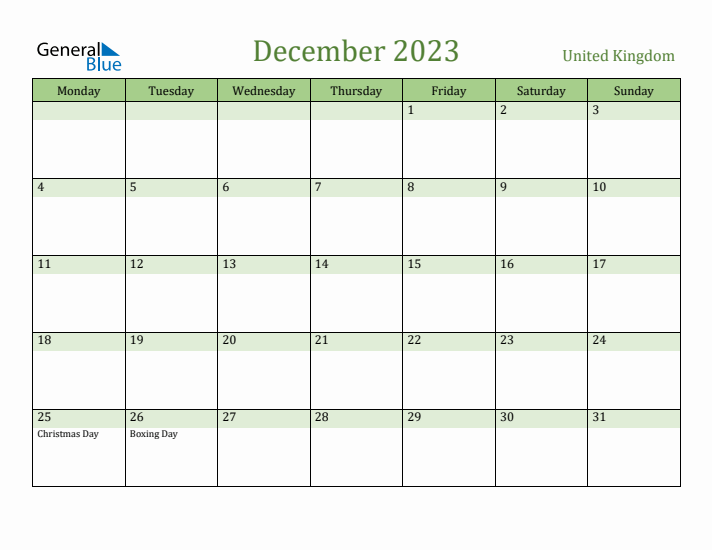 December 2023 Calendar with United Kingdom Holidays