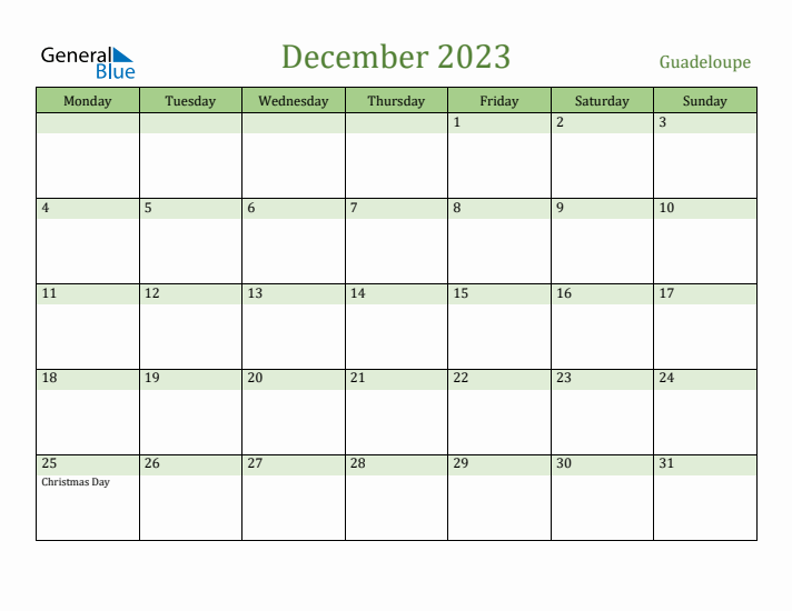 December 2023 Calendar with Guadeloupe Holidays