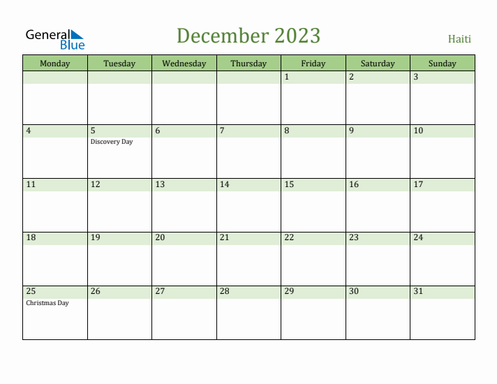 December 2023 Calendar with Haiti Holidays