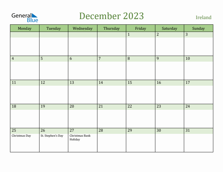 December 2023 Calendar with Ireland Holidays