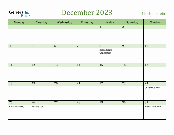 December 2023 Calendar with Liechtenstein Holidays