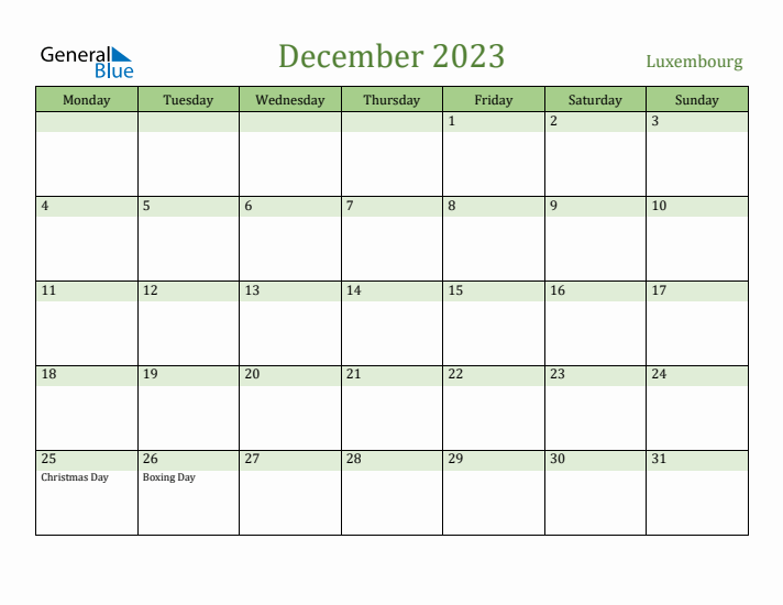 December 2023 Calendar with Luxembourg Holidays